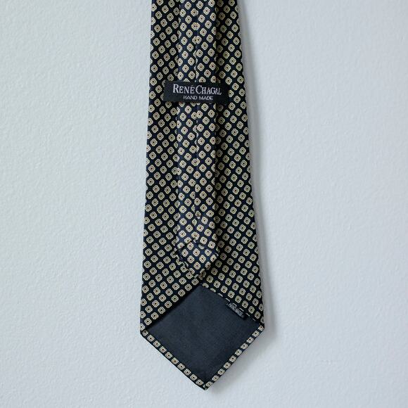 René Chagal Handmade Silk Tie Navy Gold Geometric Pattern Classic Necktie - Picture 4 of 9